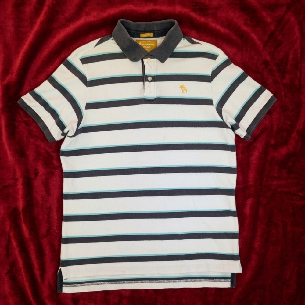 Vintage Abercrombie & Fitch Navy and White Striped Polo Muscle Fit